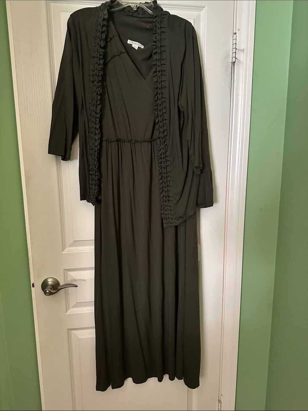 Coldwater Creek Olive Maxi Dress with Matching Ruffle Cardigan